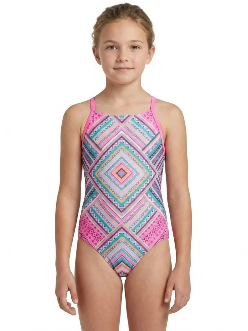 Kids Art Class Girls One Piece Swimsuit Blue Geometric L 10/12 Criss Cross Back